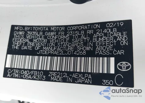 2020 Toyota Corolla Le from USA, damaged, VIN JTDEPRAE2LJ014268